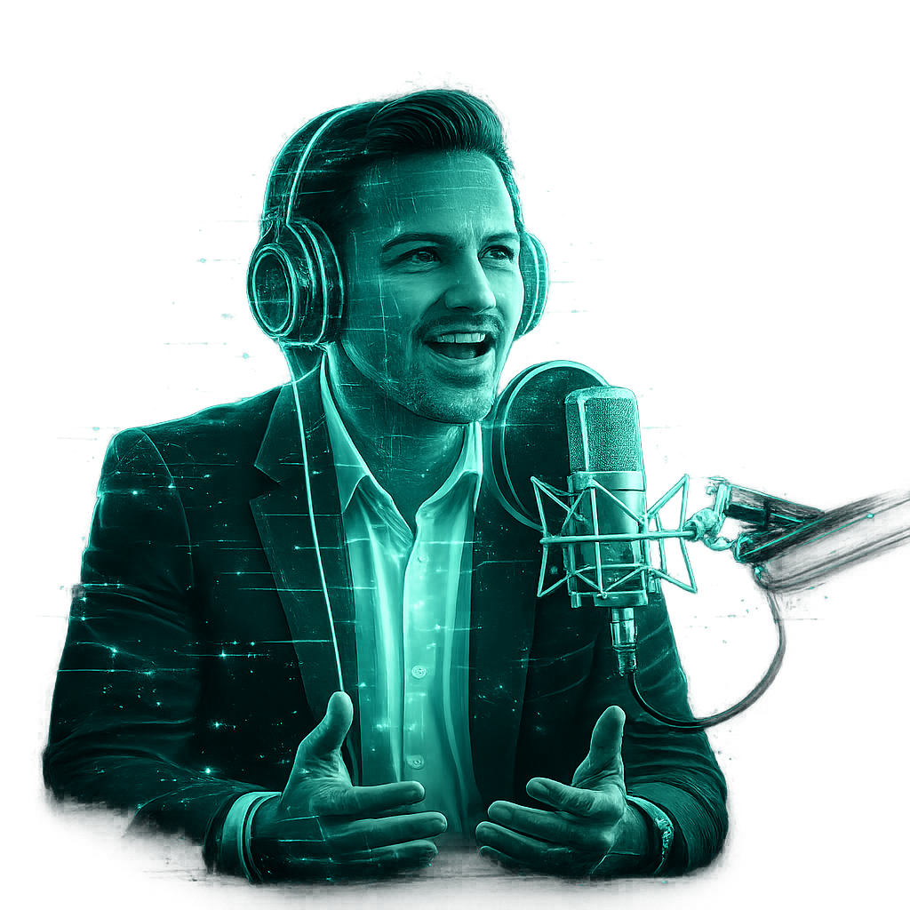 podcast guest placement illustration showing expert speaking into microphone, building authority signals and improving AI discoverability