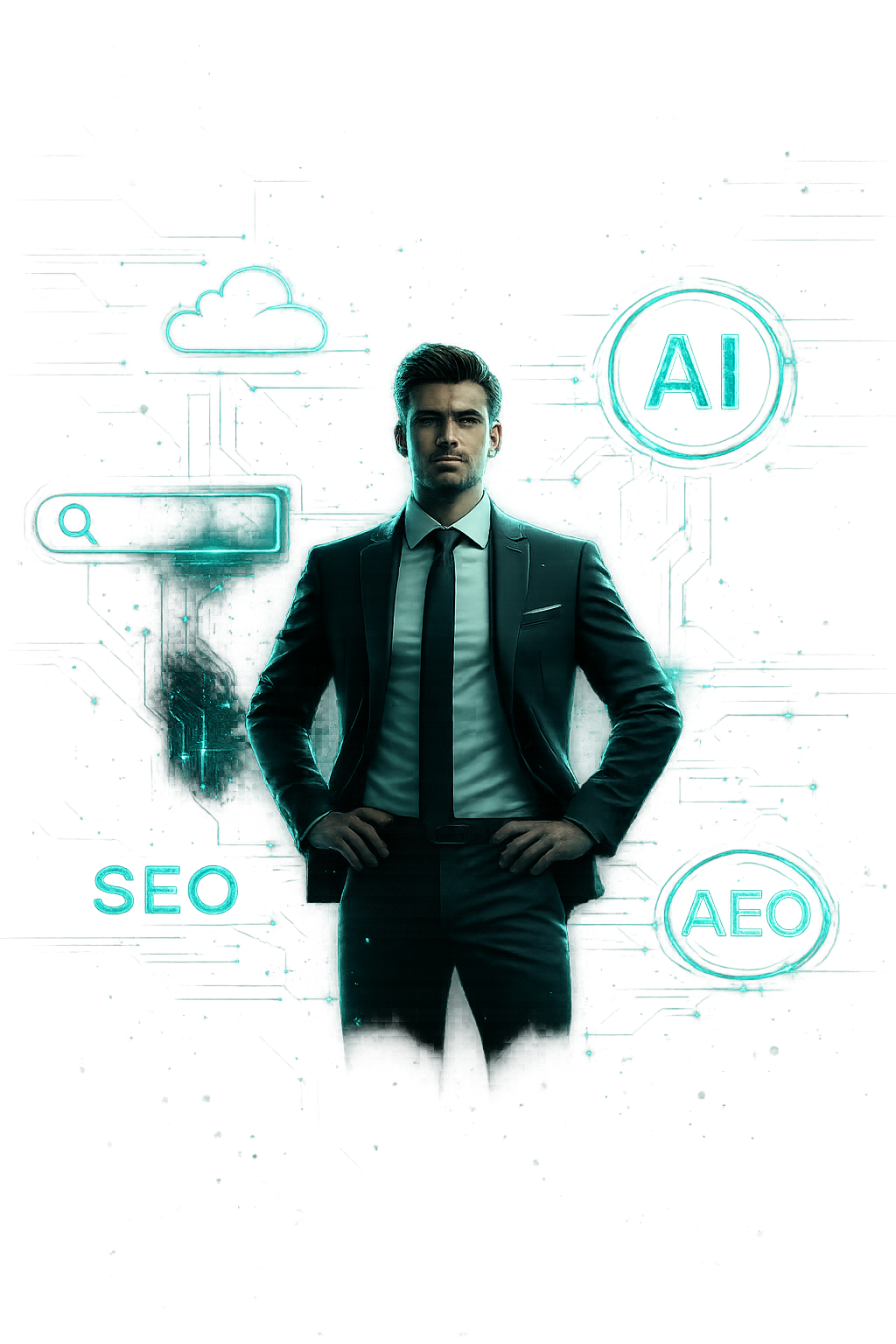 AEO vs SEO comparison visual showing professional with AI elements representing answer engine optimization, AI authority building, and podcast visibility strategy