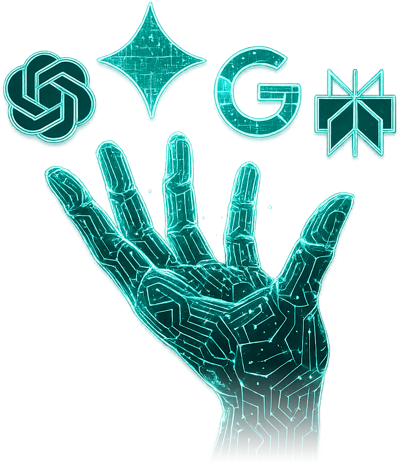 AI authority agency visual showing digital hand and AI platform icons representing AEO strategy, AI search visibility, and trusted authority signals