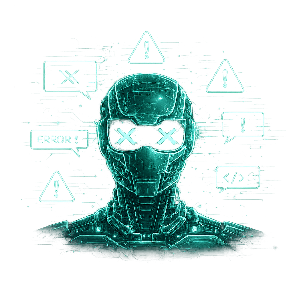AI search visibility challenges illustration showing robot with errors representing low visibility, weak authority signals, and lack of AEO strategy