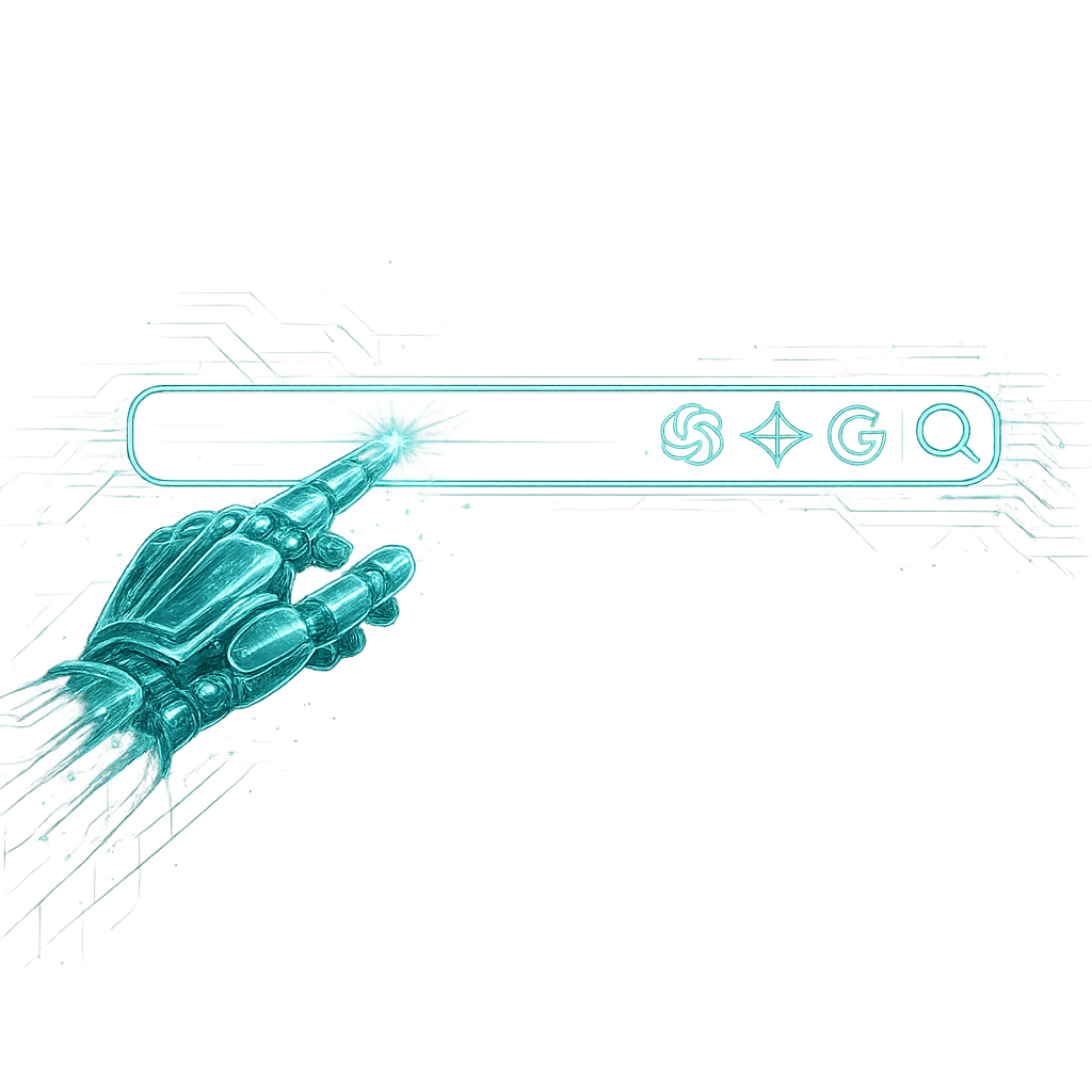AI search visibility concept with robotic hand selecting results, representing answer engine optimization and how AI platforms choose trusted sources