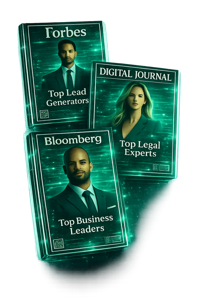 Three business magazine covers featuring Forbes, Digital Journal, and Bloomberg with professional leaders and premium editorial design