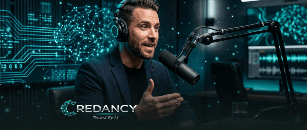 Founder speaking on a podcast microphone building authority through podcast guesting and visibility