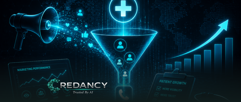 AI powered healthcare marketing concept showing patient growth, digital visibility, lead generation funnel, and medical practice marketing analytics for healthcare providers