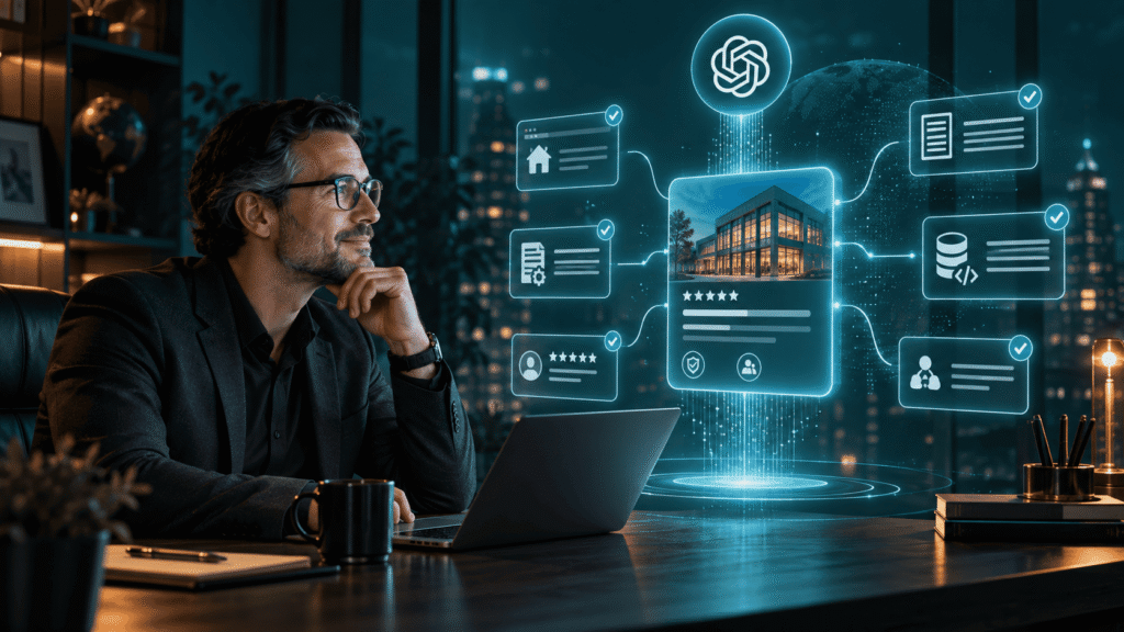 Business owner reviewing a verified company profile connected to website, reviews, structured data, and other signals in an AI search interface.