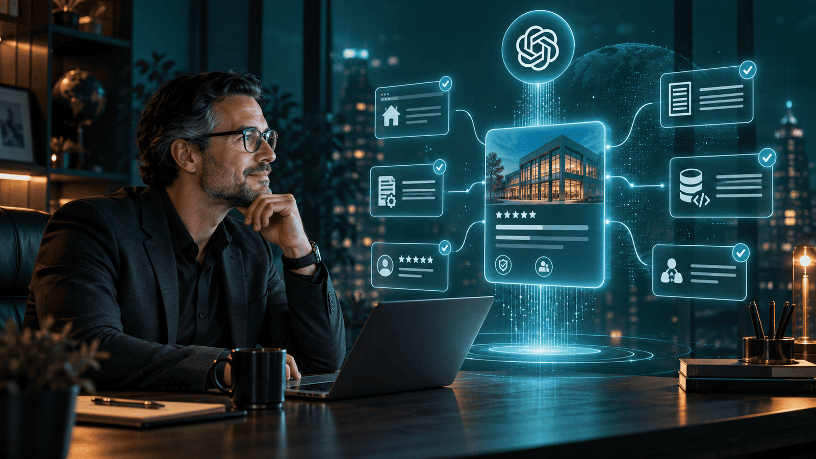 Business owner reviewing a verified company profile connected to website, reviews, structured data, and other signals in an AI search interface.