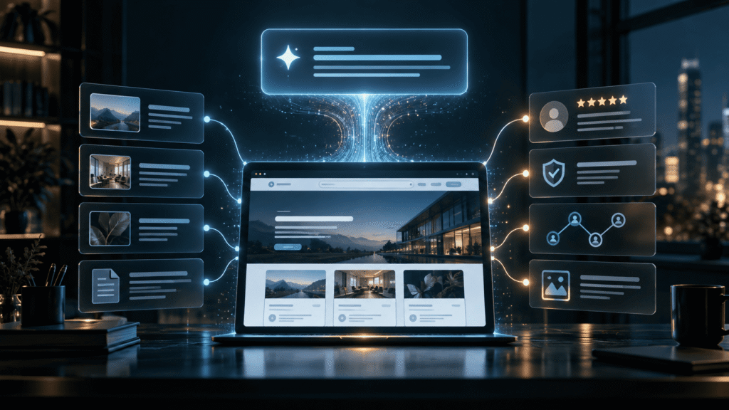 AI-ready business website connected to structured data, reviews, trust signals, and an AI search answer.