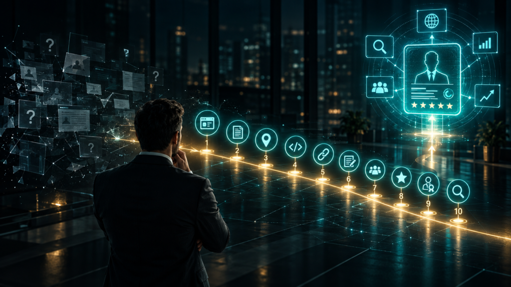 Create a dark teal Credancy-style visual showing a business profile being interpreted by an AI search interface. Include ten subtle surrounding signals — website content, services, structured data, reviews, authority, internal links, third-party mentions, expertise, consistency, and visibility testing — connected to the central business profile.