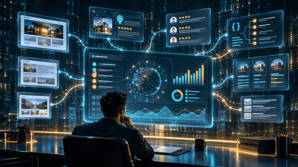 AI search visibility audit dashboard reviewing website pages, profiles, reviews, structured data, competitors, and business outcomes.