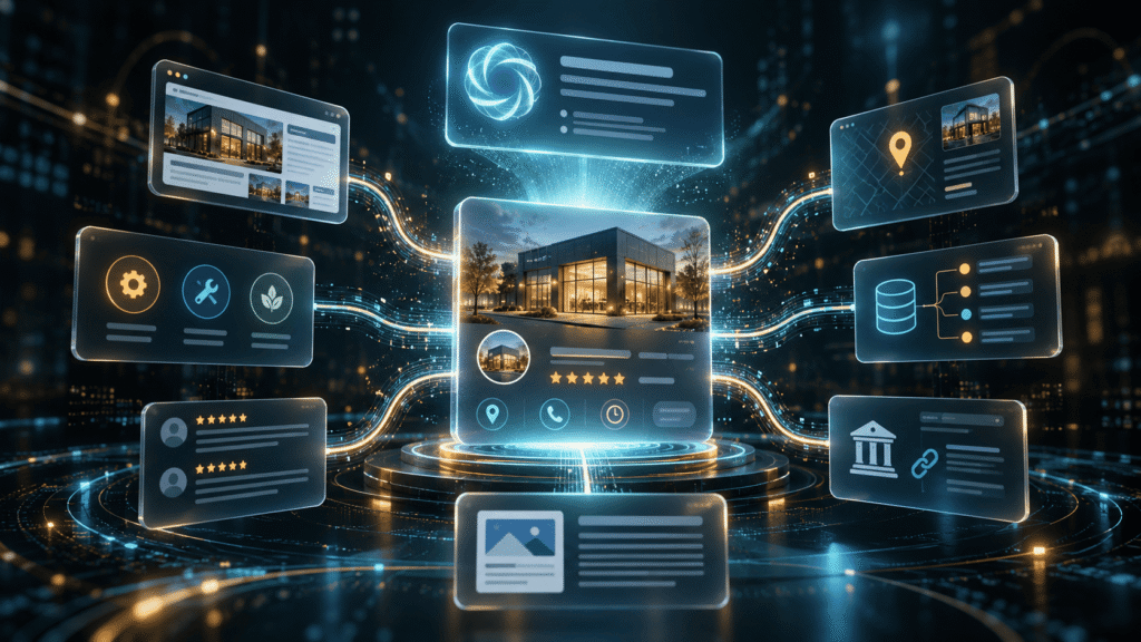 Business profile connected to website content, reviews, structured data, and authority signals that shape AI search understanding.