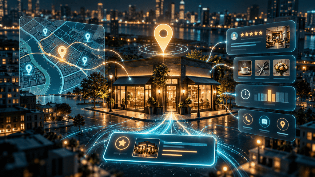 Local business profile connected to map, service, review, and trust signals for AI search visibility.